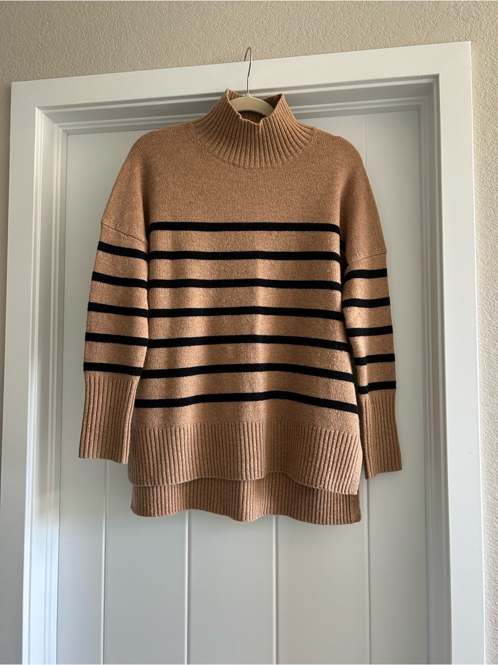 Camel & black striped Biden tunic sweater